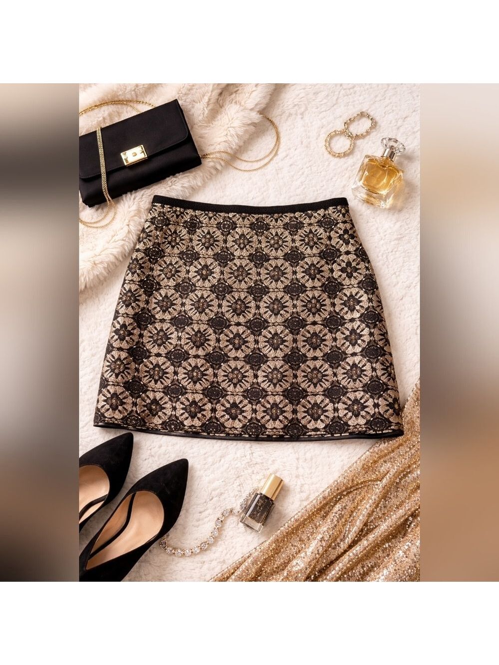 Max Studio Brocade Metallic Floral Mini Skirt Size 8 Black Gold Lined